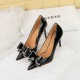 9511-H35 European and American style banquet high heels, thin heels, shallow mouth, pointed tip, glossy patent leather bow, high heels, single shoes for women