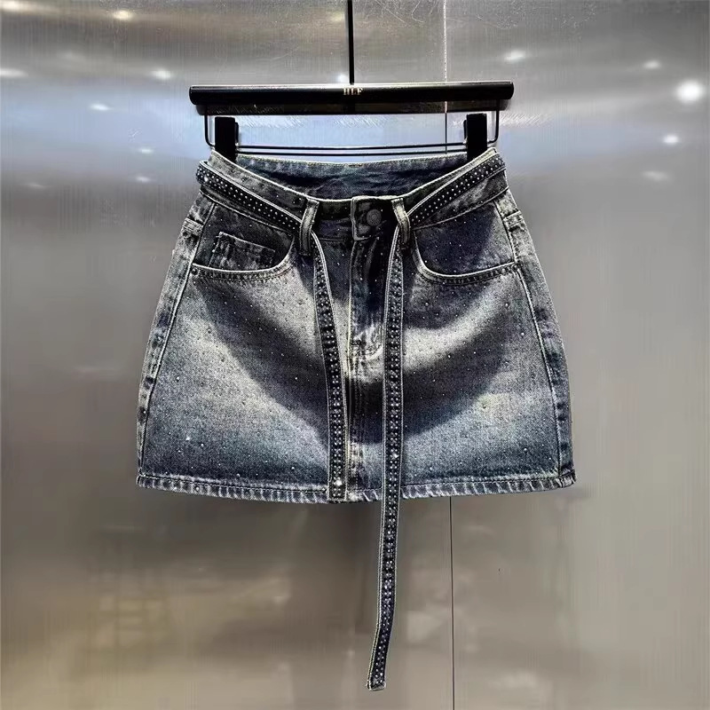 Plus Size Retro Gradient Hot Diamond Denim Skirt for Women Summer Fat mm High Waist Slimming Look Hip-Covering A-Line Short Skirt