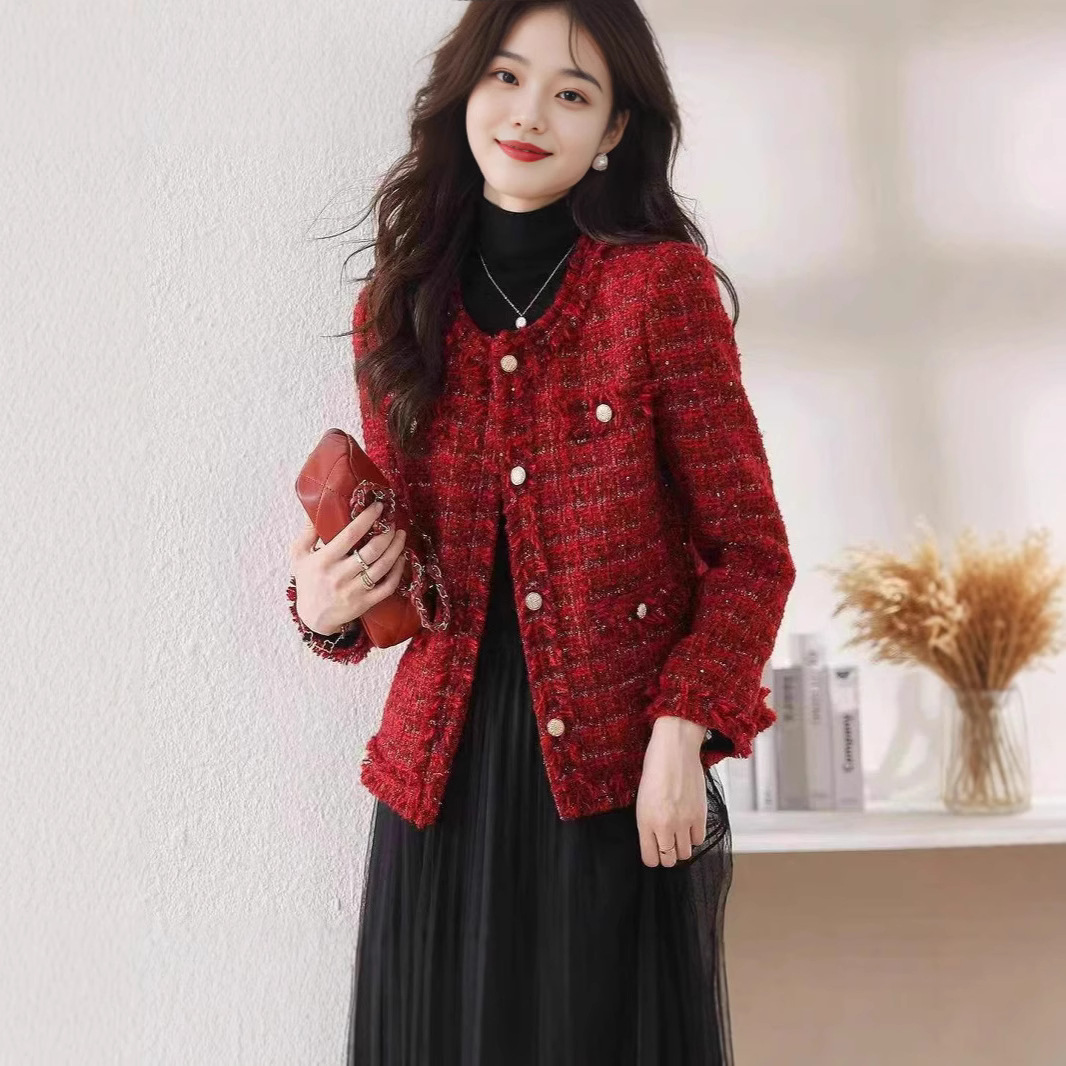 Chanel Style Round Neck Long-sleeved Red Coat Women's Autumn and Winter New 2024 High-end Tweed Stylist Top