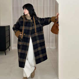 韩国东大门BSY双面羊绒大衣女中长款复古格纹连帽撞色设计感外套