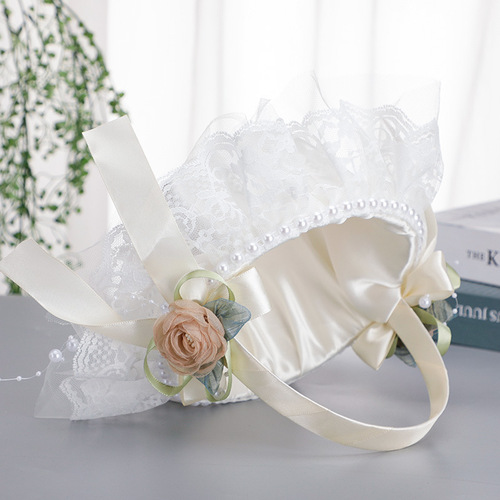 Western-style wedding flower basket pearl bow flower decoration lace small flower basket wedding hand-held flower basket with flowers