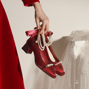 C502 Mary Jane shoes 2024 New chunky heel mid heel Pearl wine red high heels wedding shoes bridesmaid shoes 40-43