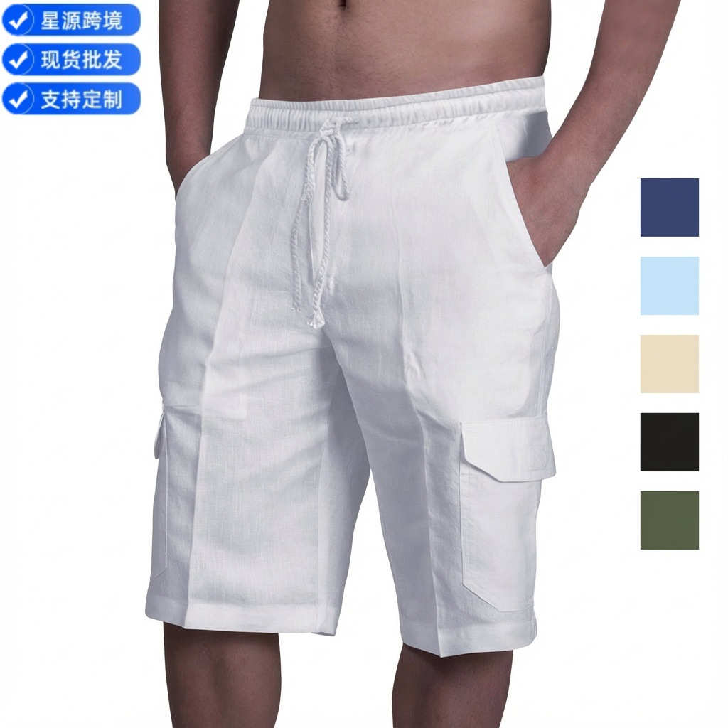 2026 Cross-Border Amazon Independent Site Linen Shorts Multi-Pocket Drawstring Men's Beach Cargo Pants Casual Wrinkle-Free