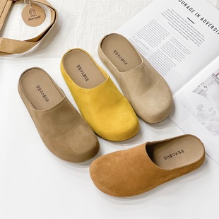 Mango Yellow Vintage Birkenneth Shoes 2025 Spring New Comfortable Genuine Leather All-match Ugly Cute Baotou Lazy Women's Half Slippers
