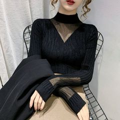 黑色蕾丝秋冬内搭半高领薄款毛衣女新款外穿时尚针织打底衫上衣潮