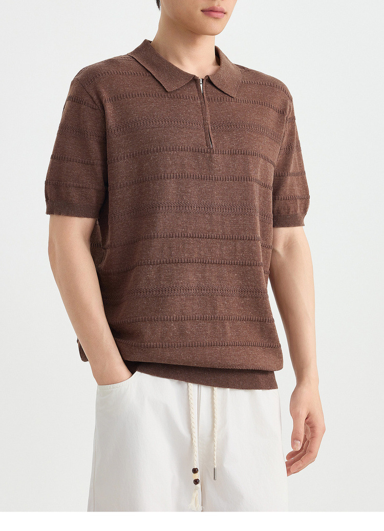 Áo polo nam tay ngắn cổ bẻ phối khóa kéo một nửa, chất liệu dệt kim hoa văn jacquard — đen chi tiết 34