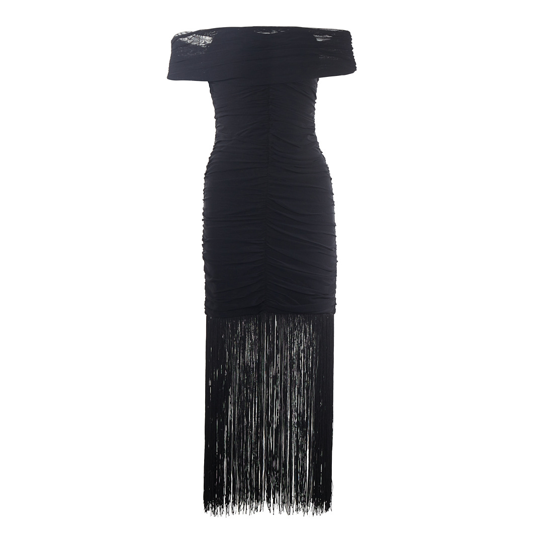 Sexy Party Black off Shoulder Tassel Sexy off Shoulder Dress