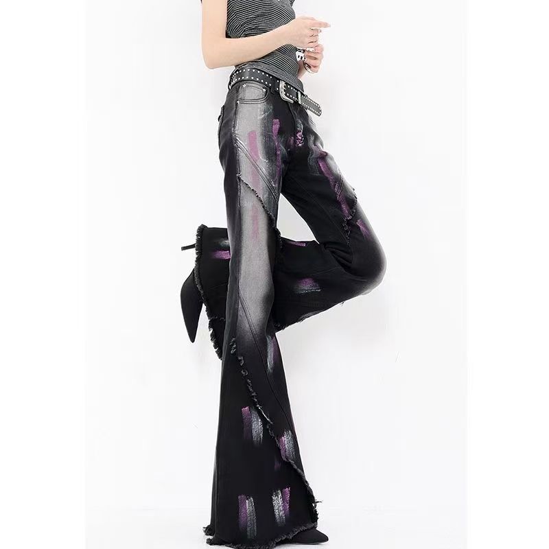 American Hot Girl Style Splash-Ink Slim Fit Stretchy Bootcut Jeans for Women Retro Contrasting Color Design Raw Edge Flared Pants
