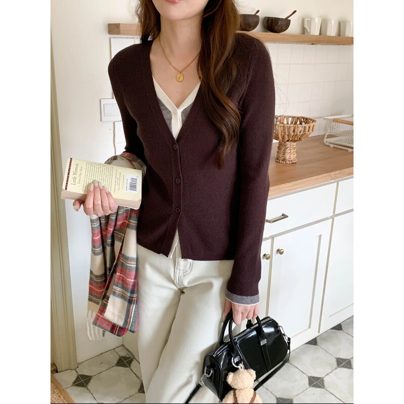3Th Morning Layered Aesthetics Color-Block V-Neck Fake Two-Piece Sweater Knit Cardigan Zy3711