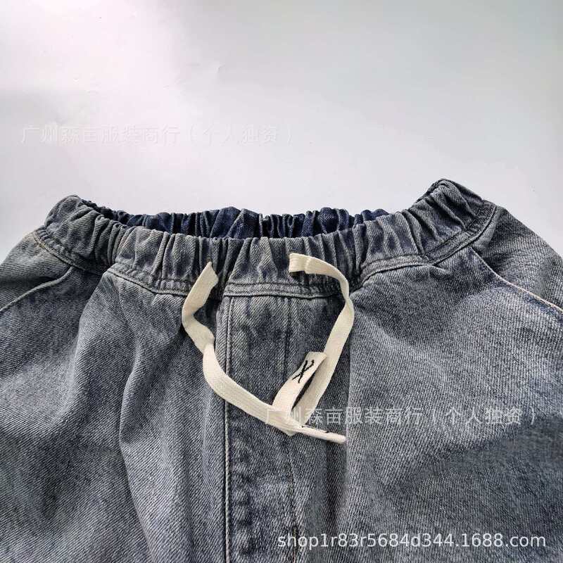 Cross-Border Stone Stone-Washed Elastic Waist Bermuda Casual Loose-Fitting Five-Point Shorts with Multiple Pockets Denim Shorts
