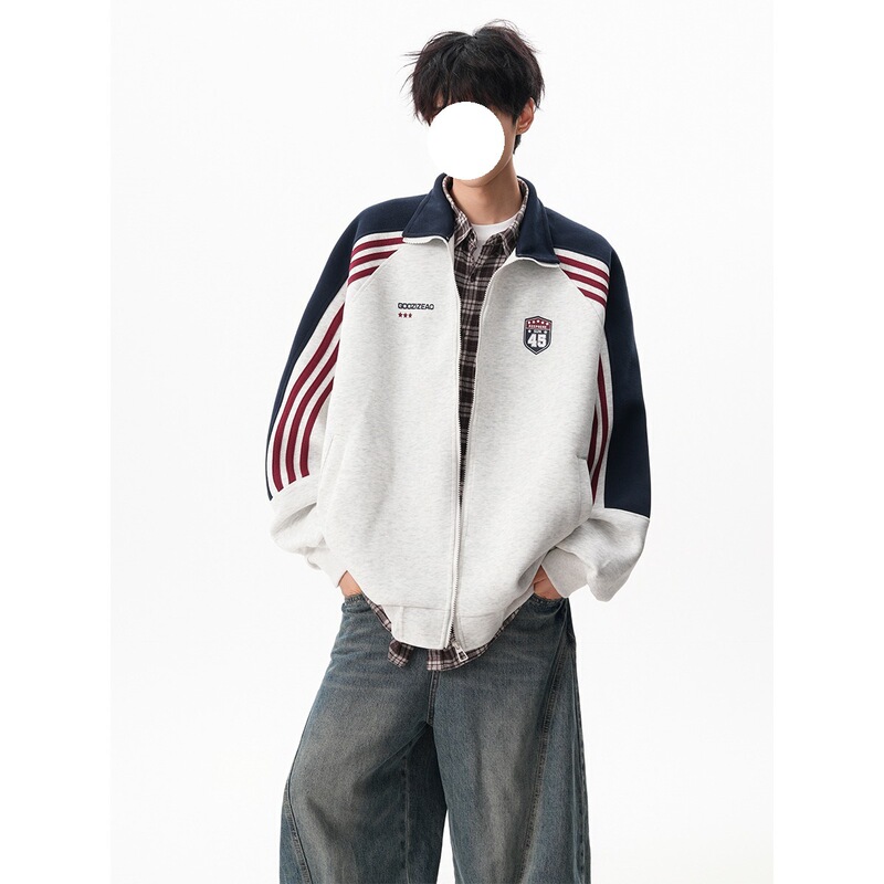 High Street Sports Cardigan Sweatshirt Jacket Men's Autum New American Contrast Color Couple Casual Stand-Up Collar Jacket Top