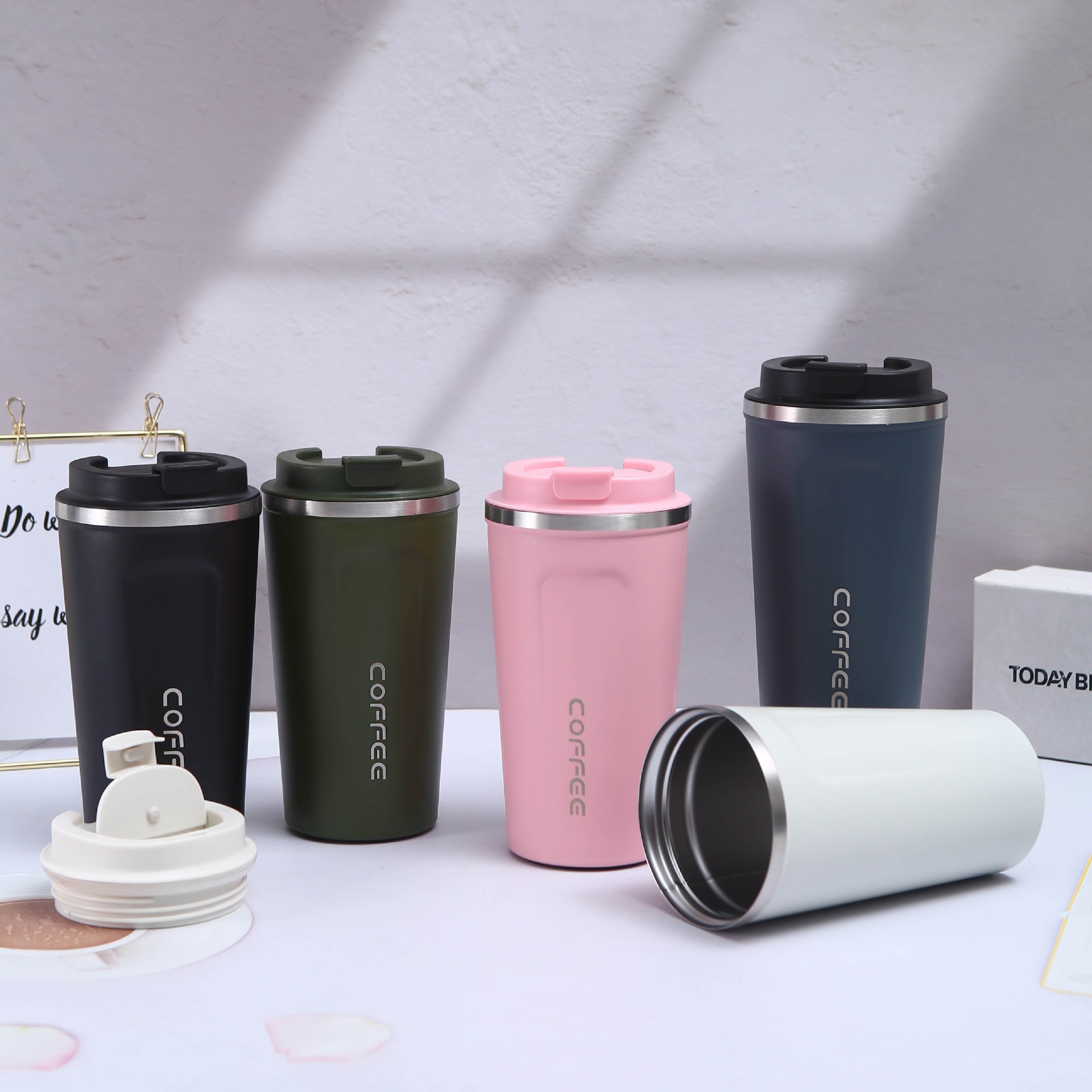 跨境户外车载运动水壶随行咖啡杯一杯三盖礼品盒套装不锈钢保温杯
