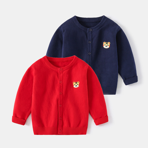 2025 Cartoon Cotton Hoodless Sweater Multicolor Small Tiger Casual Children's Sweater Spring Boys Middle and Large Children's Open Shirt