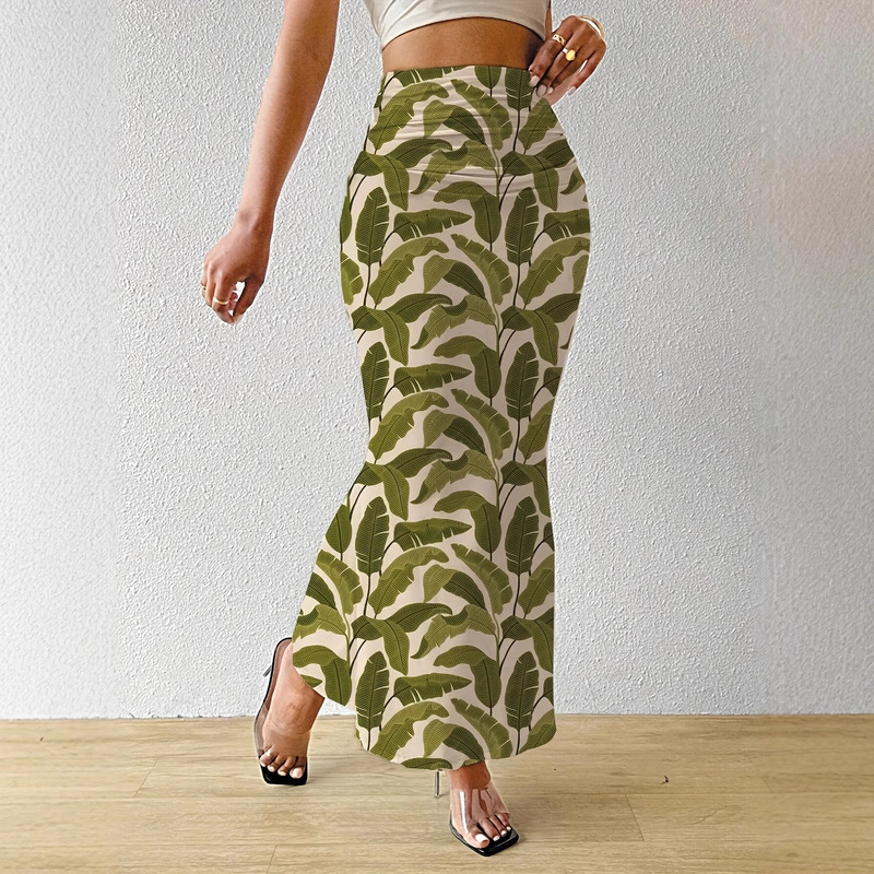Women Elegant Tropical Style Plant Print Banana Leaf Pattern Mid Length Fishtail Skirt Casual Formal Wear