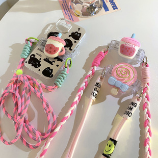 Girl heart three-dimensional milk tea lollipop back clip crossbody mobile phone chain strap universal phone case woven lengthened rope