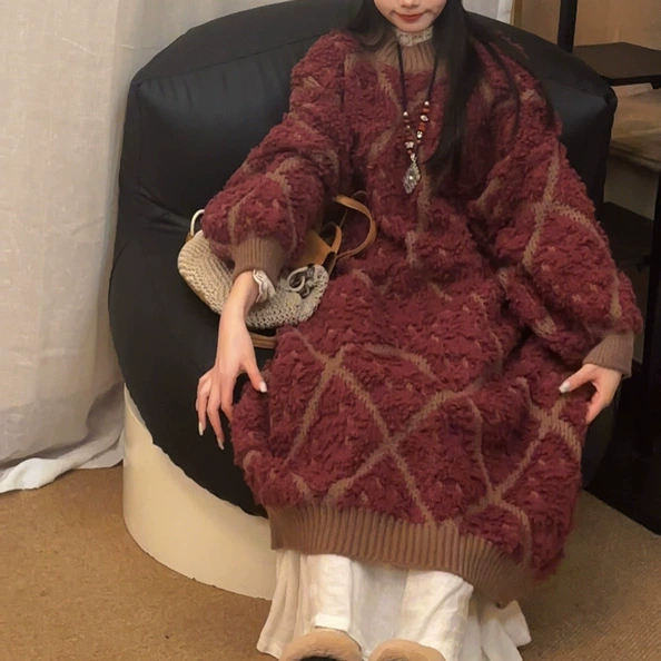 Толстый осенний и зимний новый ленивый ветер с круглым вырезом с длинными рукавами, трикотажный свитер до колен ретро нишевые платья