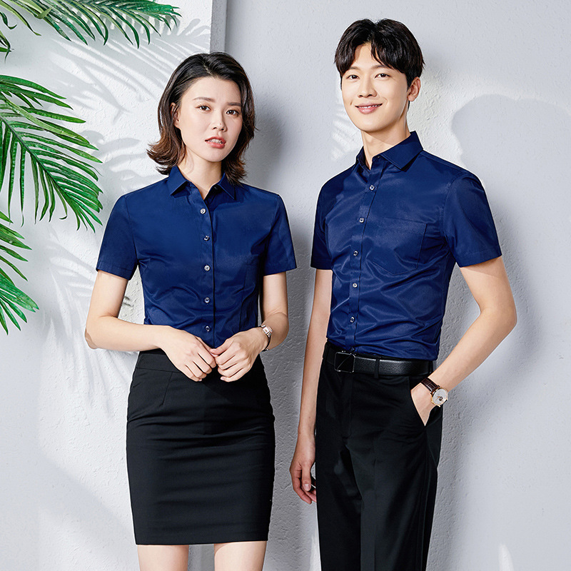 Men and women with short sleeve white shirt business shirt suit summer hotel work clothes blue shirt LOGO Men and women with short sleeve white shirt business shirt suit summer hotel work clothes blue shirt LOGO