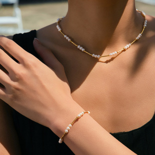 希朗 Natural freshwater pearl set, elegant necklace, retro style, light luxury style, classic bracelet, real gold plating