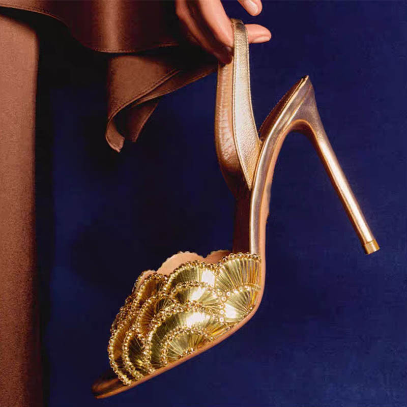 Gold Pineapple Rhinestone Stiletto High-Heeled Sandals for Women, Elegant Socialite Style, Plus-Size Open-Toe High-Heeled Shoes