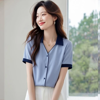 衬衫女2026夏季新款设计感小众复古港味短袖雪纺衫衬衣女宽松上衣
