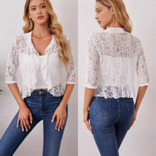 欧美跨境2024年亚马逊新款气质优雅女士荷叶边短款蕾丝开衫上衣