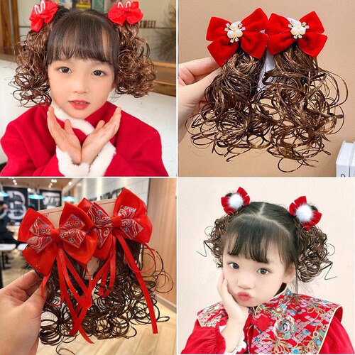Children's wig headdress baby New Year curly hair clip cute little girl bow hair clip girl New Year hair accessories