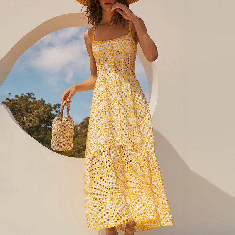 Australian Sweet Sling Long Dress with Hollow-out Elegant Slim-fit Sleeveless Seaside Holiday Backless Long Split Dress