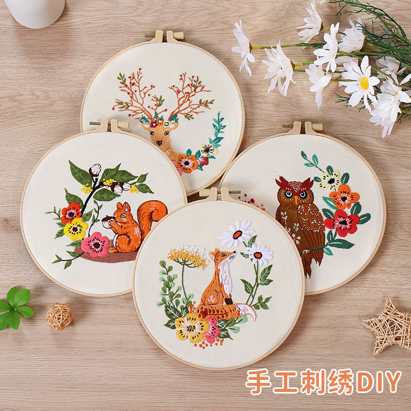 Original nuevo DIY bordado hecho a mano paquete de material de ardilla búho zorro gato ELK transfronterizo Inglés