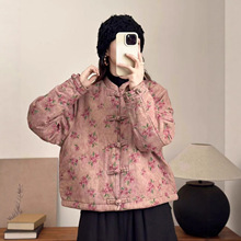 棉麻立领印花冬季新款夹棉保暖宽松百搭显瘦文艺复古女式棉衣外套