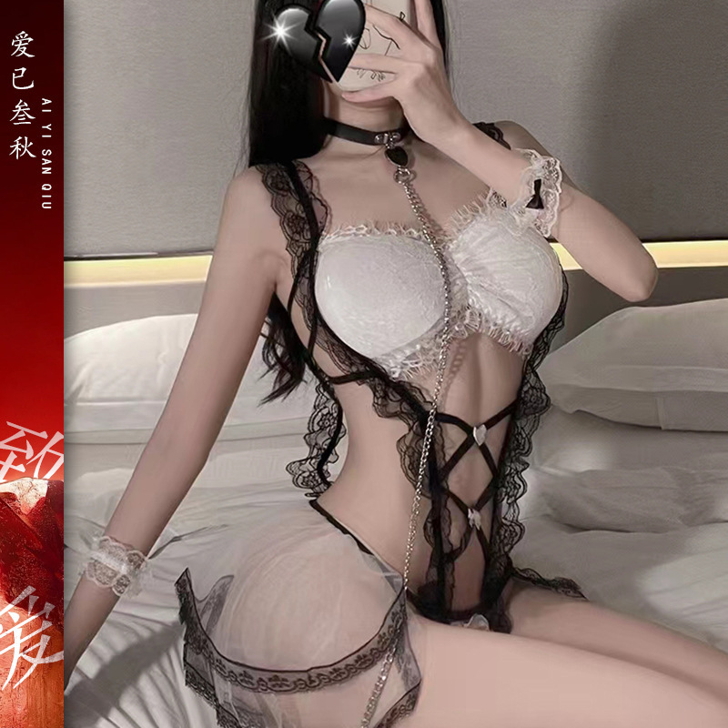 Sexy Lingerie See-Through Maid Outfit Sexy One-Piece Uniform No Need to Take Off Role-Playing Mesh Tutu Skirt Temptation Suit