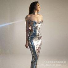 高级感银色一片式亮片抹胸时尚连衣裙音乐节歌手演出服宴会礼服