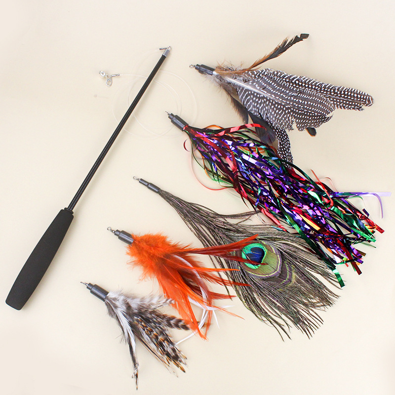 Cat Teaser Stick Set Pet Cat Toy Fishing Rod Telescopic Feather Teaser Stick Replacement Heads Five in One Portable Cat Toy