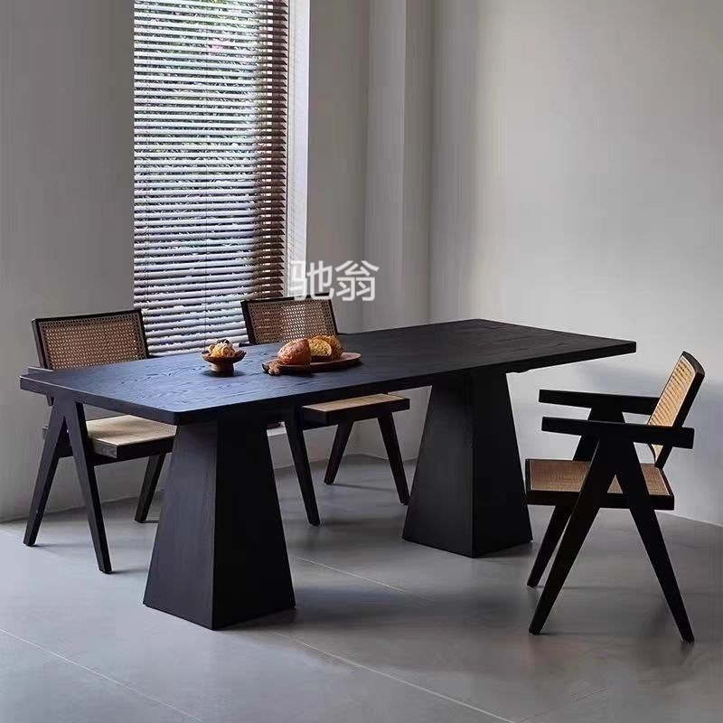 锦桐风新中式黑色实木餐桌现代白蜡木办公桌原木大板长方形工作