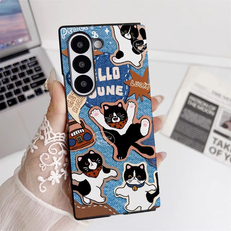 适用三星zfold6手机壳翻盖皮套fold5牛仔猫咪fold4卡通创意fold3