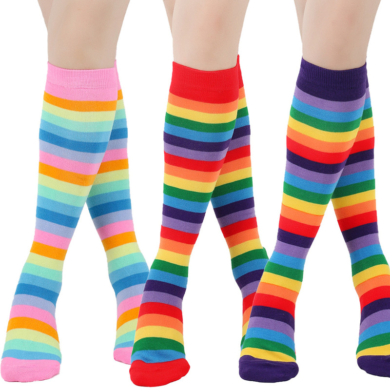 Cross-border colorful striped knee socks women's cotton socks men's mid-calf socks holiday party Rainbow calf socks