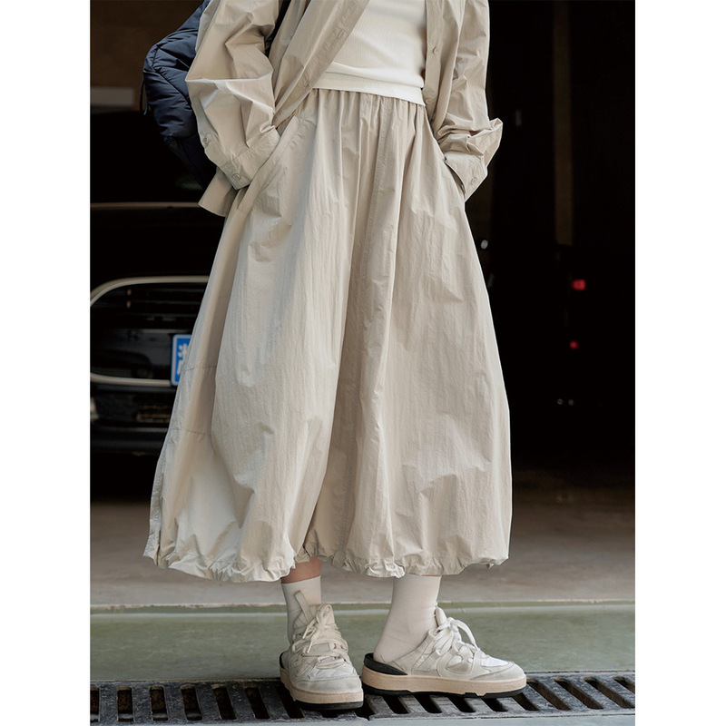 Lou Fu Spring and Summer New Japanese Style Outdoor Casual High Waist Skirt Loose Slimming Breathable Umbrella Skirt A- Line Long Skirt for Women