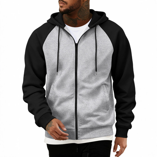 Autumn and winter new arrival: color-block zip-up cardigan, fleece-lined hoodie for men, plus-size casual hooded top, men's clothing.