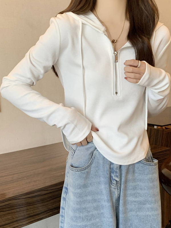 白色连帽长袖t恤女秋季小众独特别致设计感短款上衣内搭打底衫|undefined