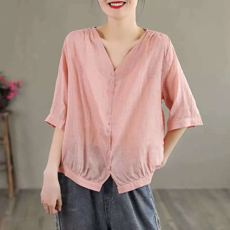 Женская рубашка с художественным воротником из хлопка и льна, летняя тонкая, большого размера, свободная, элегантная, простая, универсальная, утягивающая, топ со средним рукавом для женщин