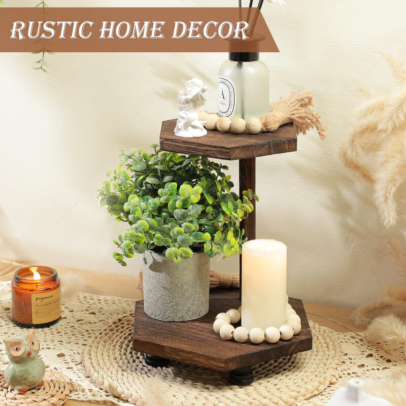 Wooden double-layer shelf displays rustic corner shelves for kitchen and bathroom counter decoration, soap dispensers, and plants Wooden double-layer shelf displays rustic corner shelves for kitchen and bathroom counter decoration, soap dispensers, and plants