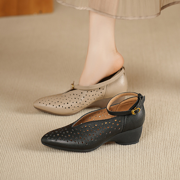 Sandal nữ mũi nhọn quai ngang gót trung bình phong cách retro thoáng khí — đen, mơ