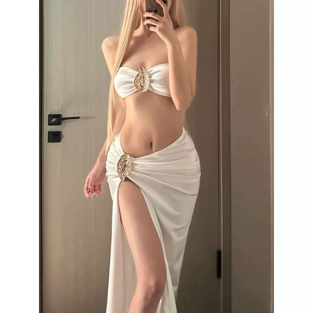 3‑предметный пляжный комплект tube top, европейский стиль, перламутровый и шампань, размеры S–L