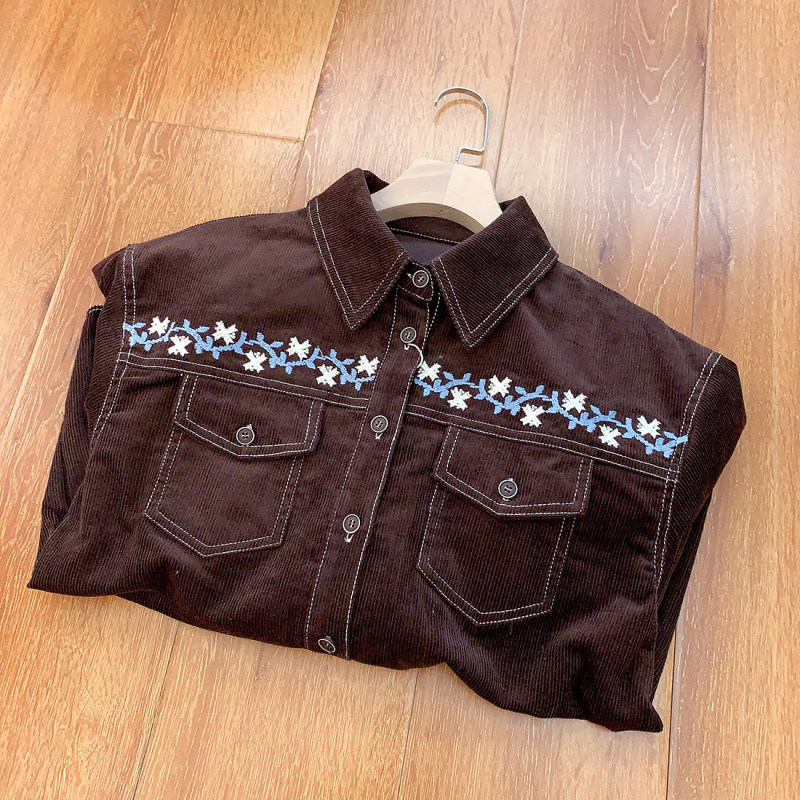 2026 Spring New Amber Glow Corduroy Embroidered Shirt Women's Retro Casual Long Sleeve Top