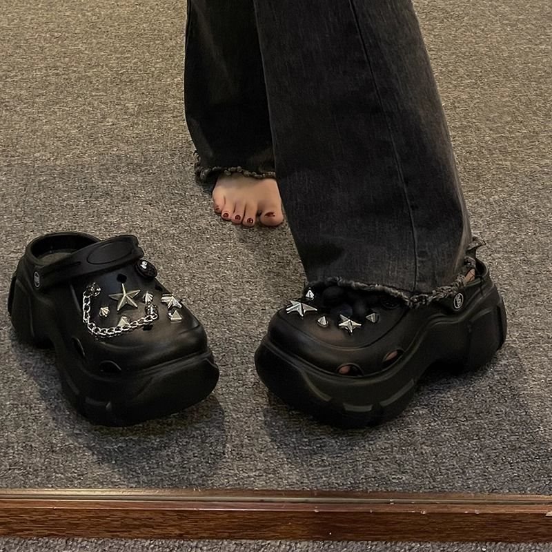 Summer Trendy Thick-Soled Non-Slip High-Heeled Clogs for Petite Women, Cute Chain Beach Closed-Toe Sandals for Outdoor Wear