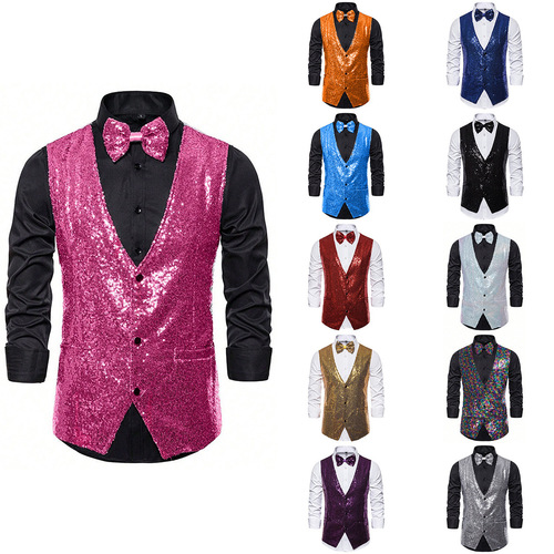 Men's stage performance suit with small sequins, vest, backless vest for photography studio, host, singer, emcee vest