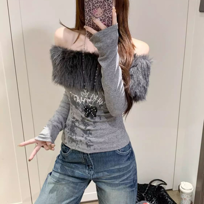 Winter Retro Spicy Girl Faux Mink Fur One-Shoulder Collarbone-Baring Base Shirt for Women, Slim-Fit Waist-Cinching Off-Shoulder Long-Sleeve Top