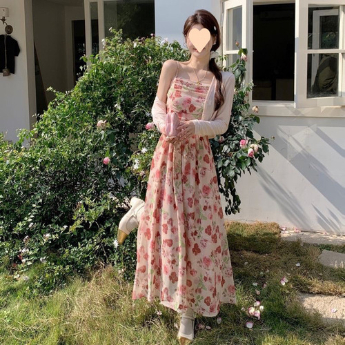 Floral Strappy Dress for Women - 2025 Spring New Arrival French Style Versatile Open Cardigan Waist Cinching Long Strappy Dress Two-Piece Set
