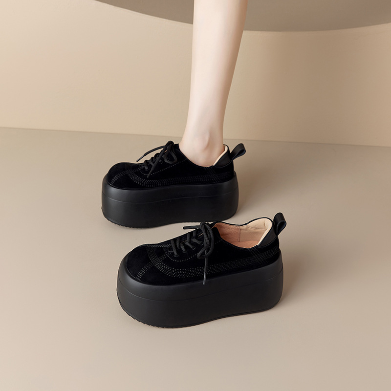 Giày sneaker nữ chunky đế dày mũi tròn phối màu dây buộc cổ thấp thu đông da thật — màu đen, màu mơ