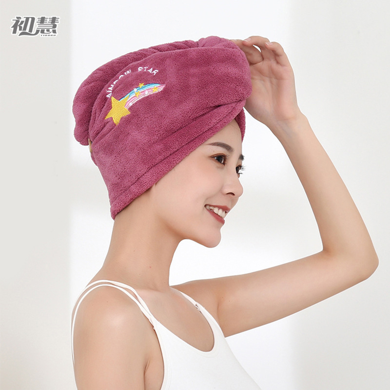 髪の帽子の卸売りの女性は厚い二重の快適な髪のサンゴの綿毛の漫画の刺繍のシャワーの帽子の吸水のタオルのスカーフを厚くします。|undefined