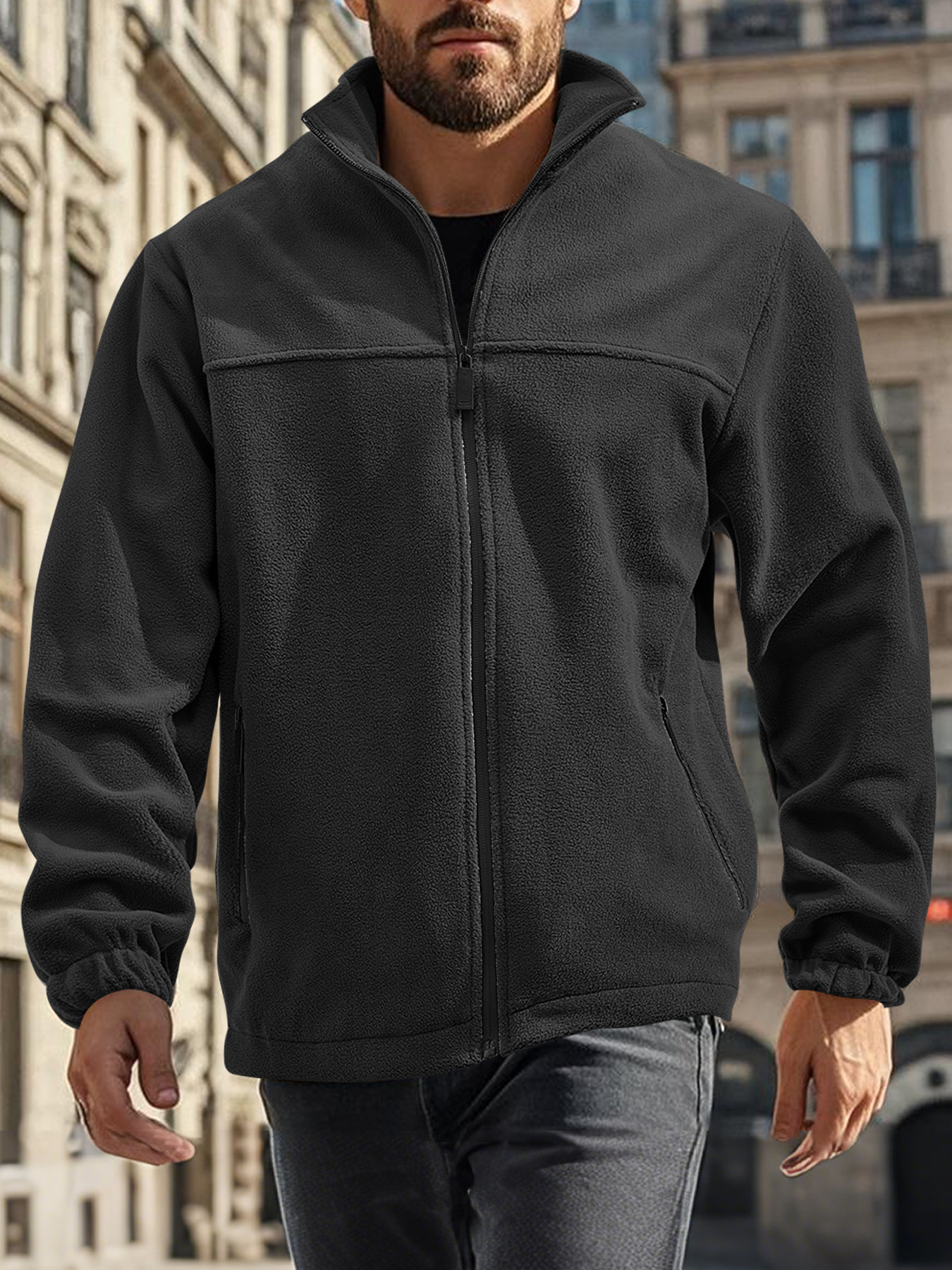 Neue europäische und amerikanische Herren-Polarfleecejacke für Frühling, Herbst und Winter 2026, Outdoor-Jacke mit Reißverschluss und Stehkragen_voghion.com